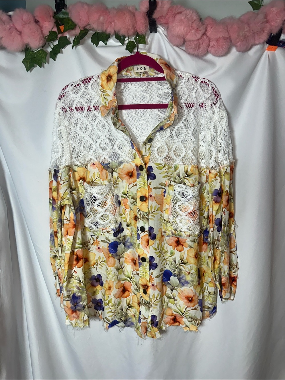 POL Lace-Yoke Floral Button-Down Shirt in White, Yellow, Orange, Blue